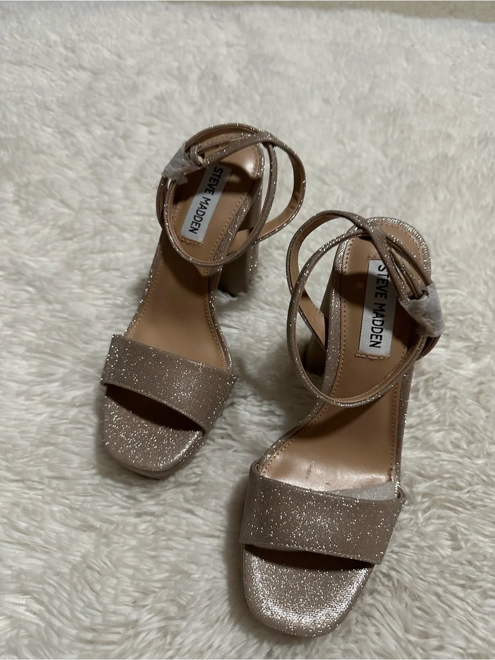 Steve Madden Glitter Ankle-Strap Block Heels in Taupe